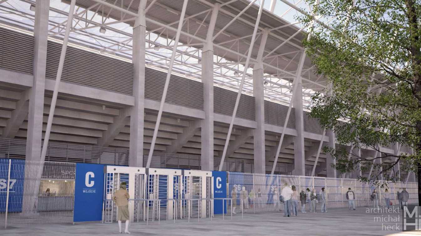 wizualizacja zewnętrznej części stadionu - widok z punktu widzenia przechodniów